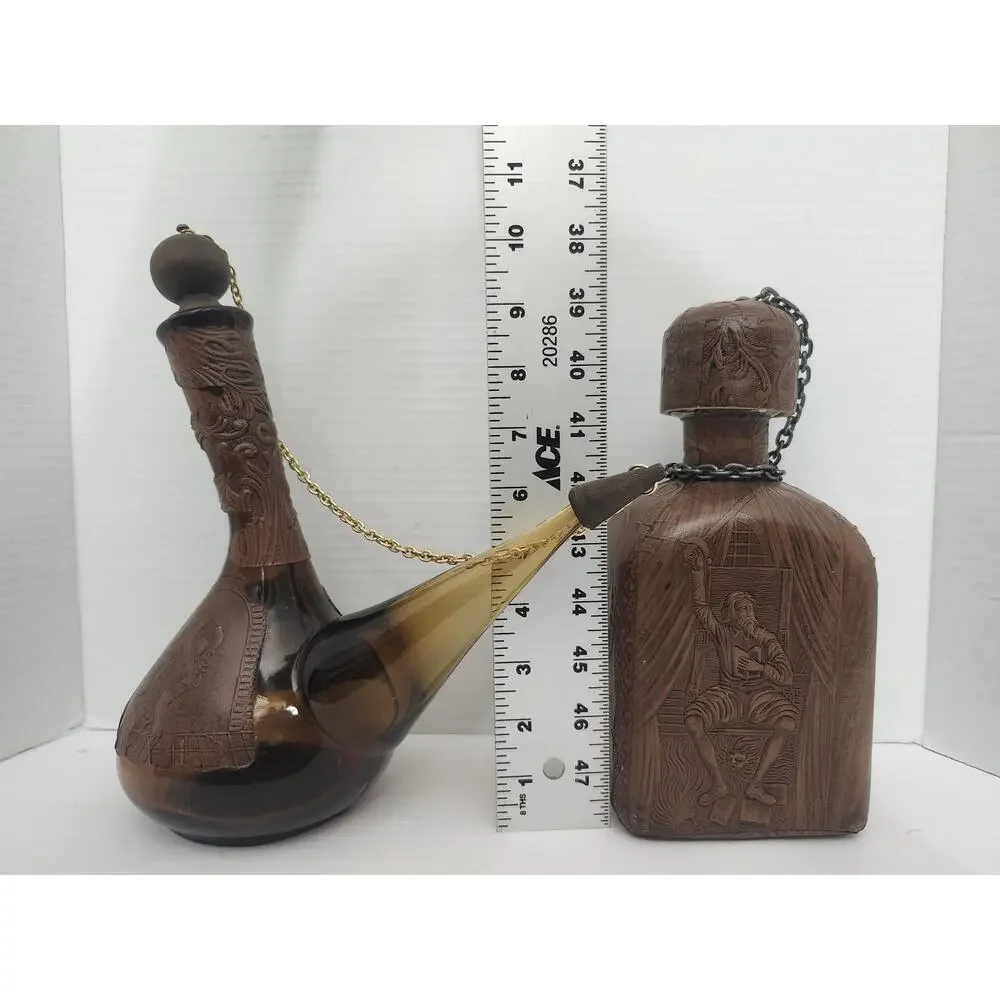 Vintage Spanish Porron Leather Wrapped Amber Glass Decanter Flask Set